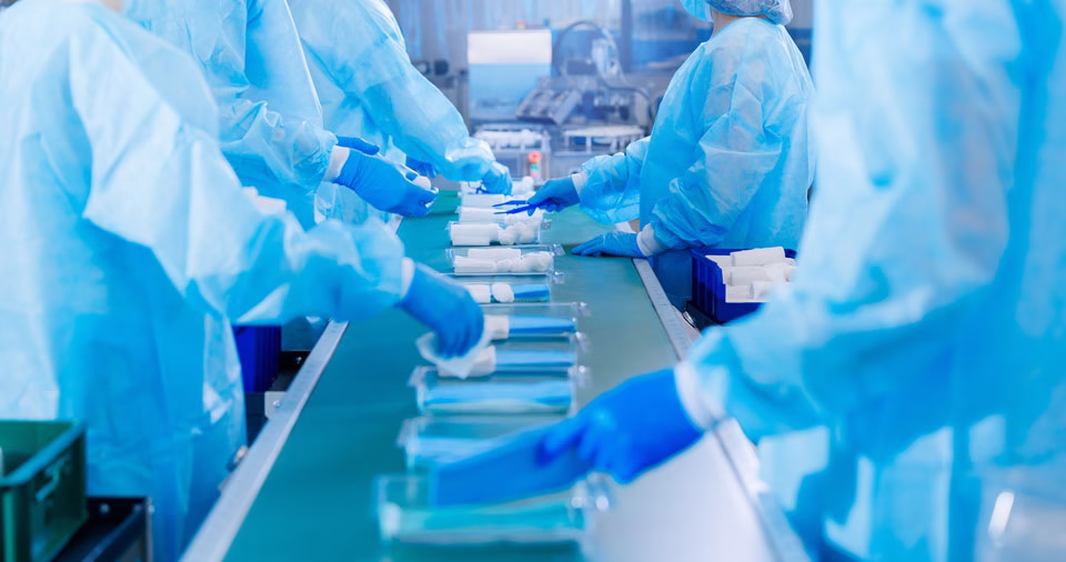Packing line with surgery equipment sets prepared for sterilization